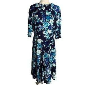 Vintage 80s Betsys Things Midi Dress 16 Blue Floral Dolman Sleeve Zip Belt Loops